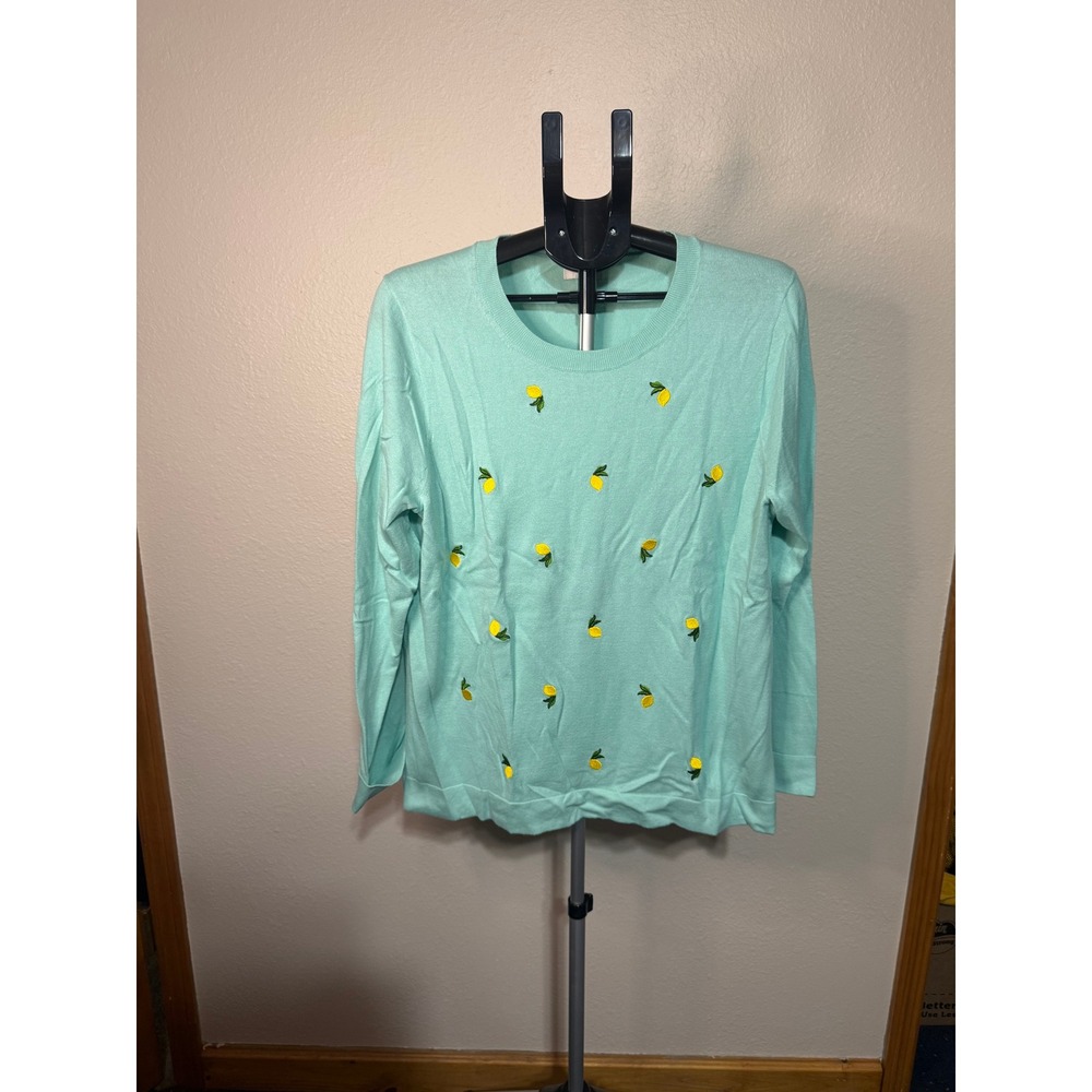 J.Crew Teddie Lemon Embroidered Sweater Aqua Blue Crewneck XL NWT AO610